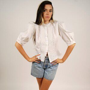 Vintage Victorian Blouse (M) medium white 70s boho edwardian peasant hippie 1970